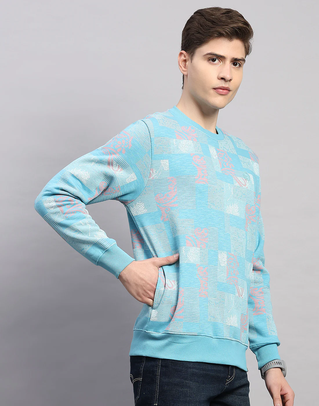 Men Sky Blue Printed Round Neck Full Sleeve Sweatshirt - Image 3