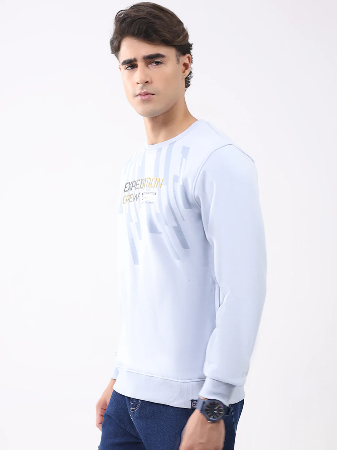 Men Sky Blue Printed Round Neck Full Sleeve Sweatshirt - Image 3