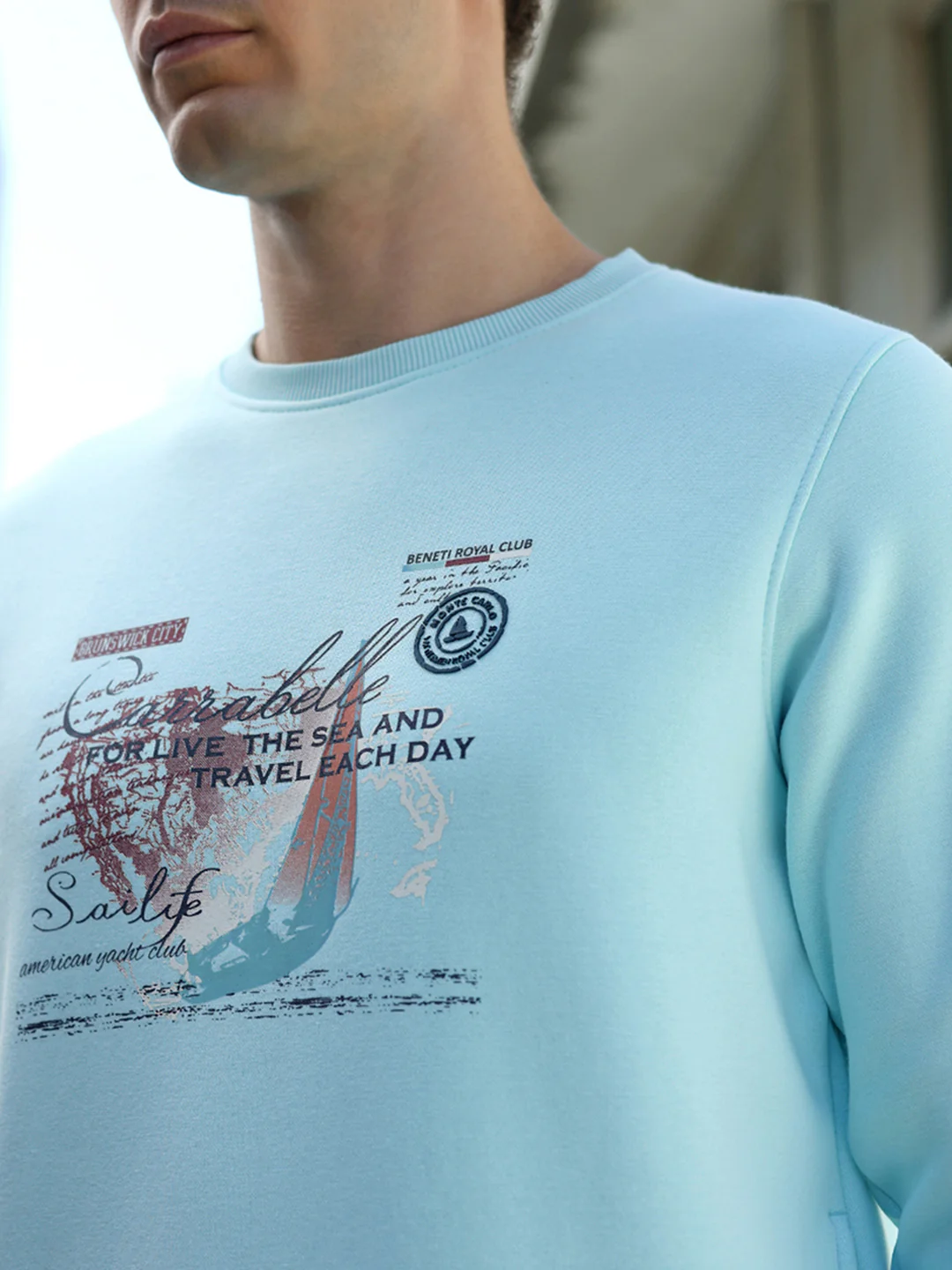 Men Sky Blue Printed Round Neck Full Sleeve Sweatshirt - Image 8