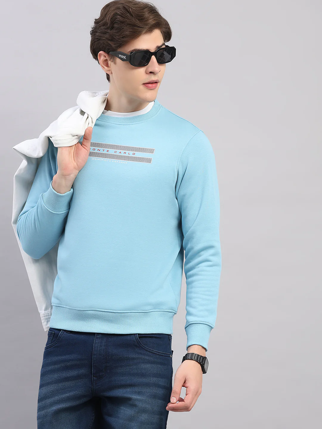 Men Sky Blue Printed Round Neck Full Sleeve Sweatshirt - Image 6
