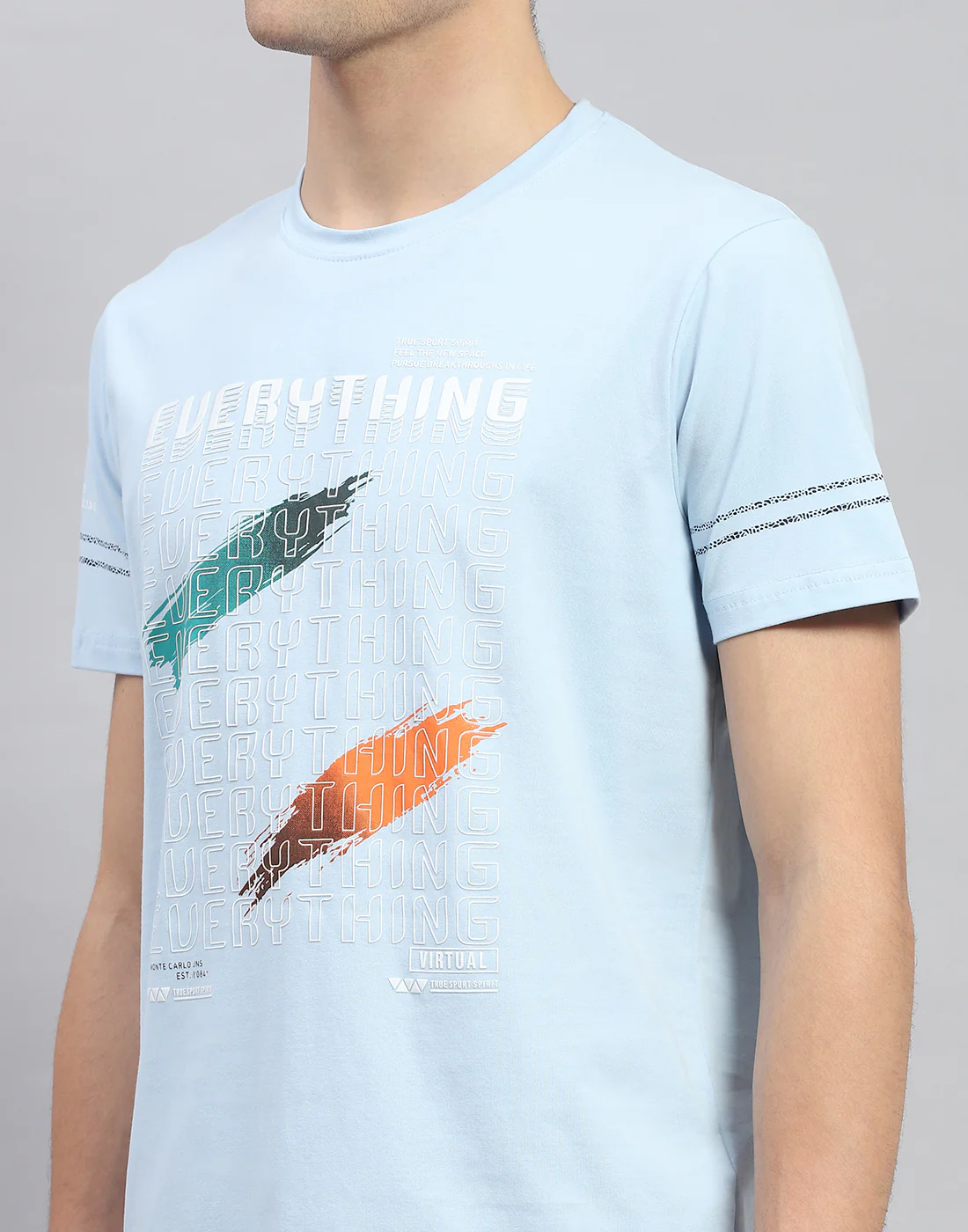 Men Sky Blue Printed Round Neck Half Sleeve T-Shirt - Image 6
