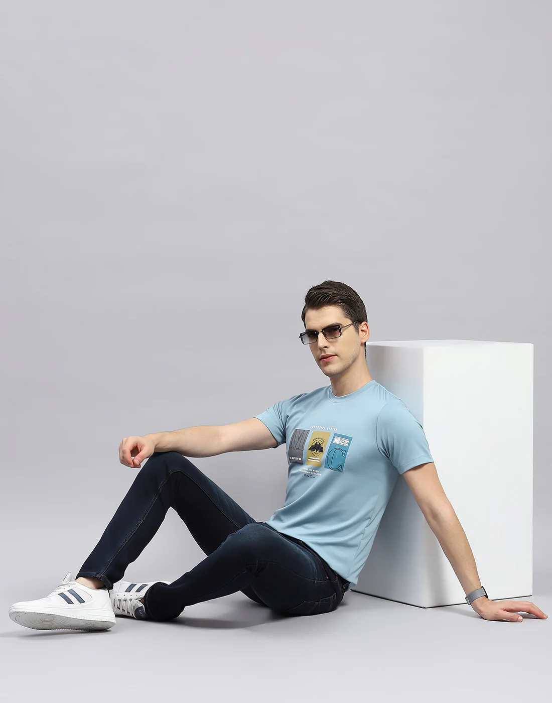 Men Sky Blue Printed Round Neck Half Sleeve T-Shirt - Image 2