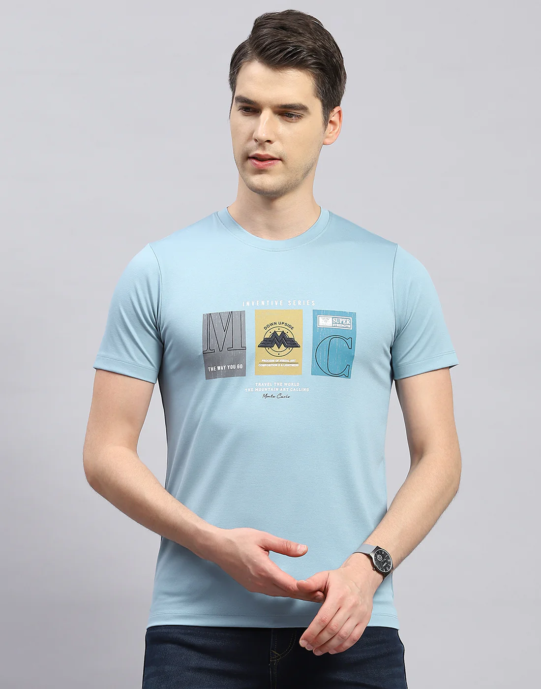 Men Sky Blue Printed Round Neck Half Sleeve T-Shirt - Image 3