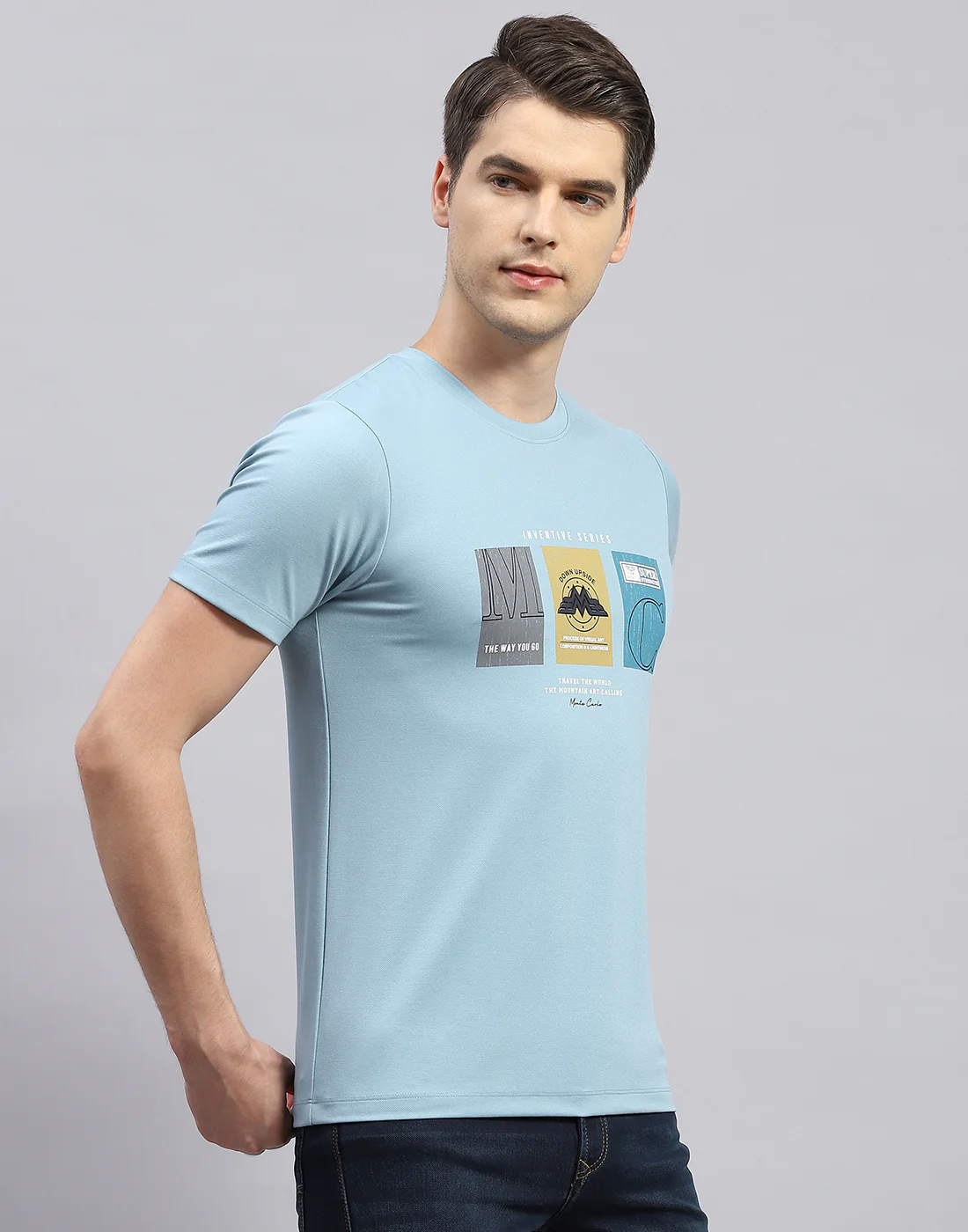 Men Sky Blue Printed Round Neck Half Sleeve T-Shirt - Image 4