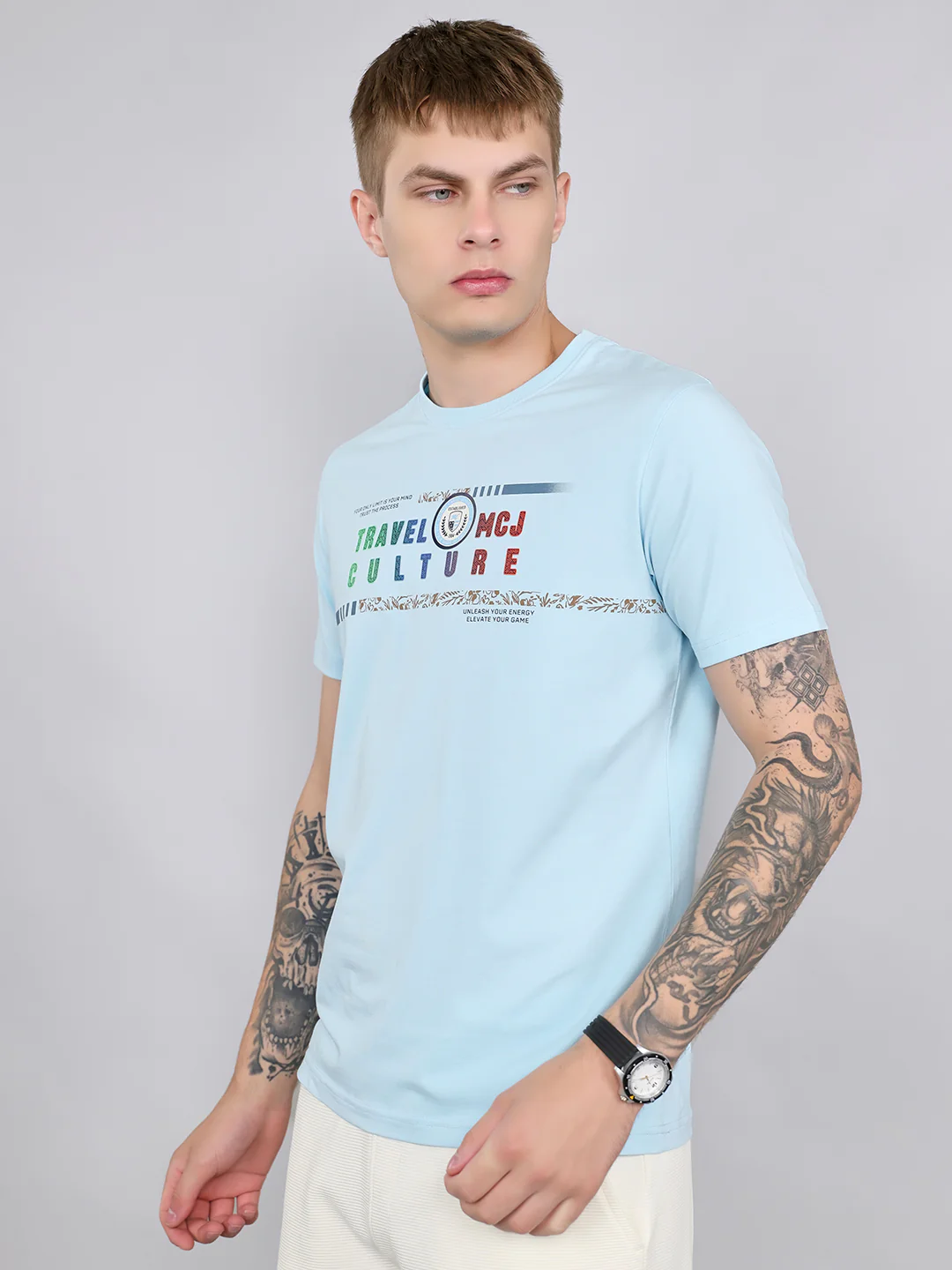 Men Sky Blue Printed Round Neck Half Sleeve T-Shirt - Image 2