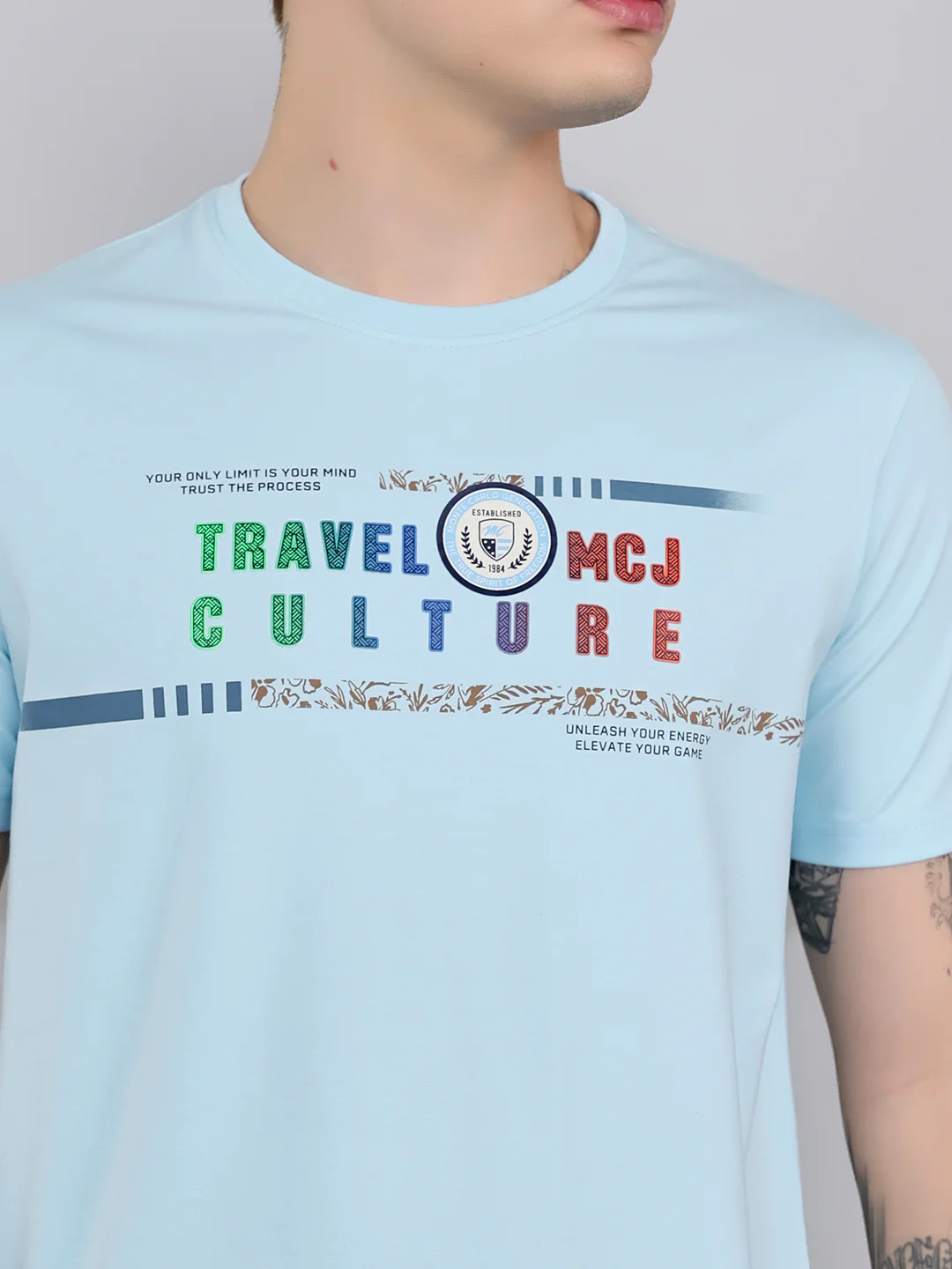 Men Sky Blue Printed Round Neck Half Sleeve T-Shirt - Image 5