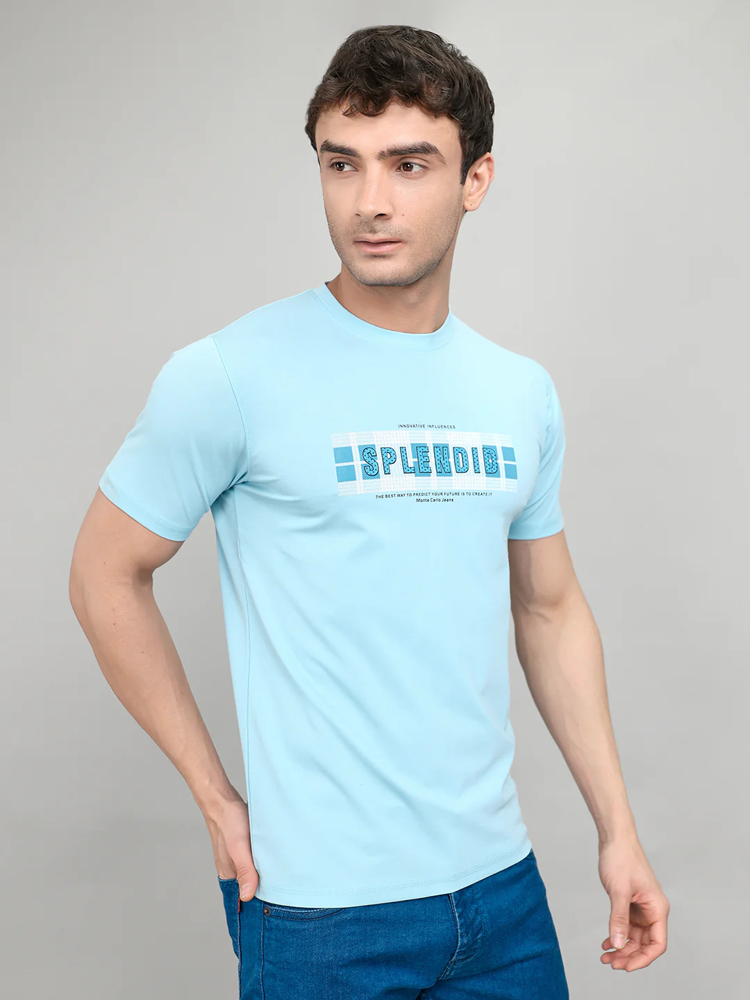Men Sky Blue Printed Round Neck Half Sleeve T-Shirt - Image 2