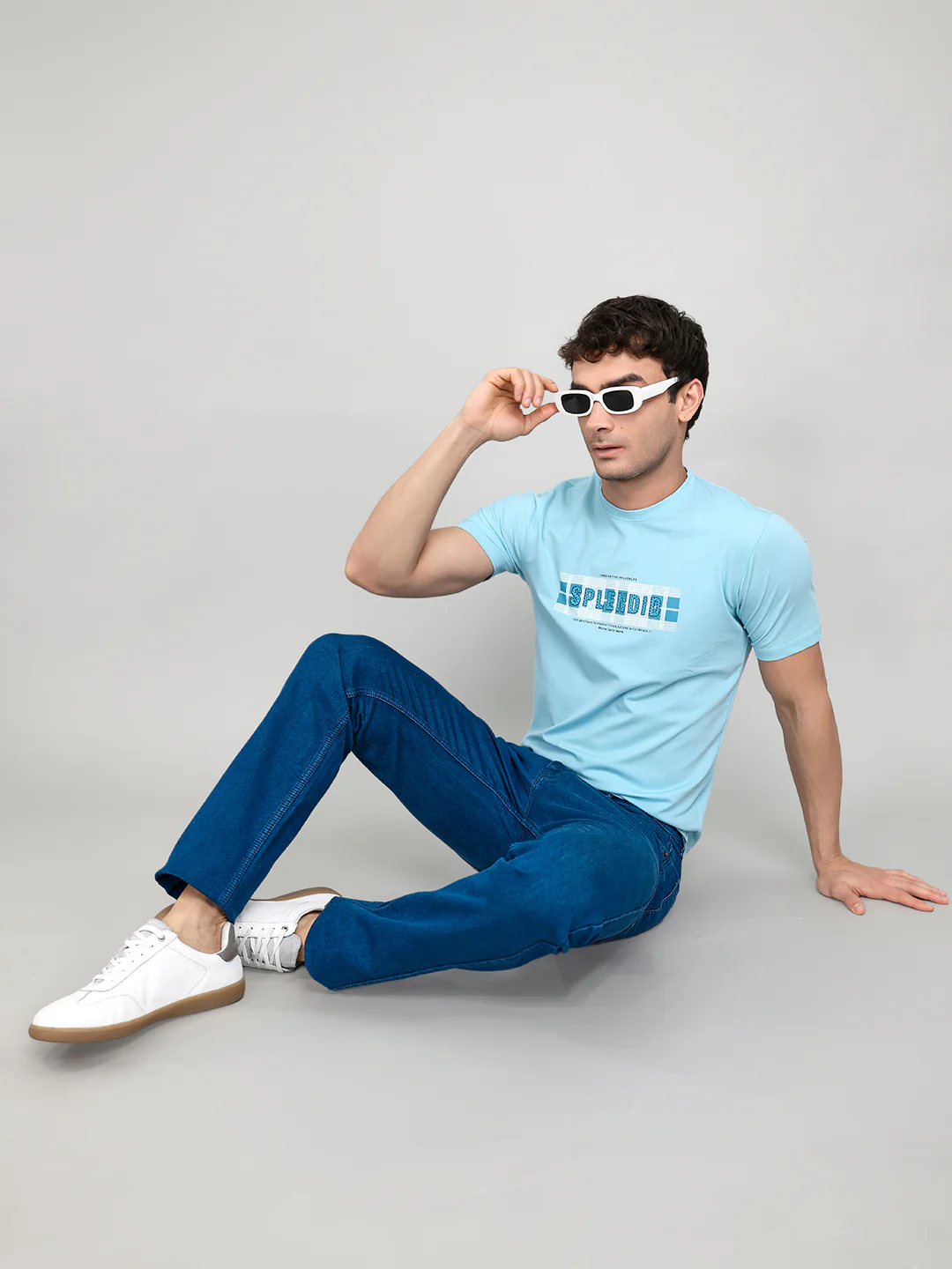 Men Sky Blue Printed Round Neck Half Sleeve T-Shirt - Image 6