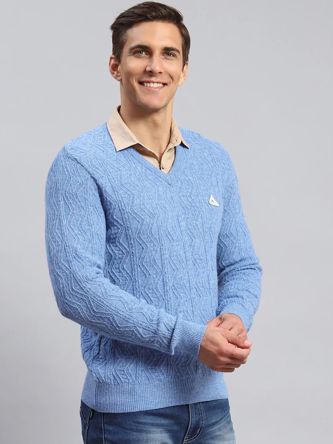 Men Sky Blue Self Design Lamb wool Pullover - Image 3
