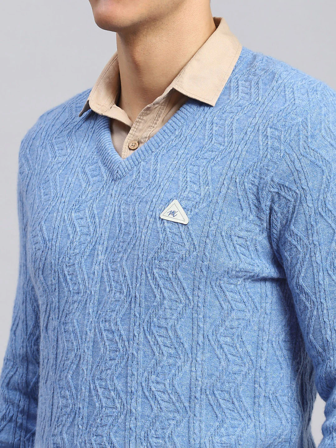 Men Sky Blue Self Design Lamb wool Pullover - Image 6