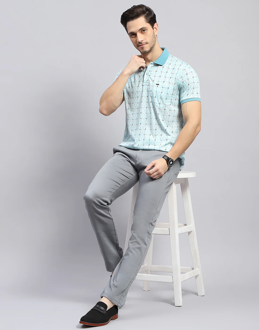 Men Sky Blue Self Design Polo Collar Half Sleeve T-Shirt - Image 2
