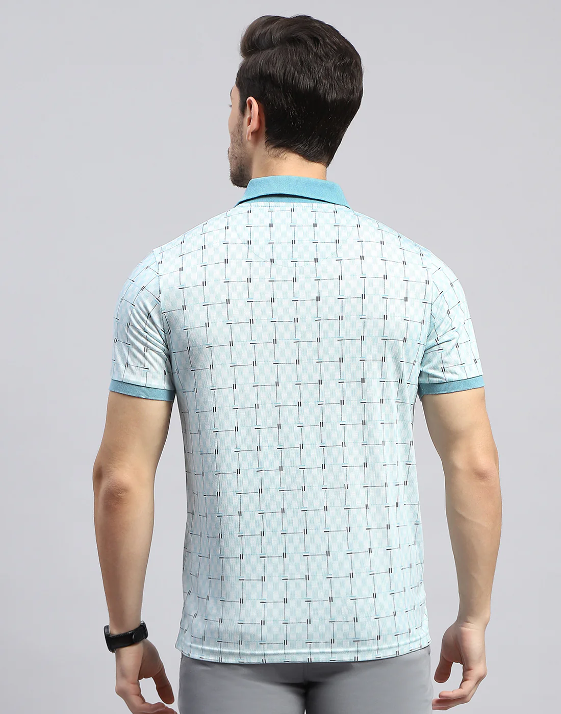 Men Sky Blue Self Design Polo Collar Half Sleeve T-Shirt - Image 5