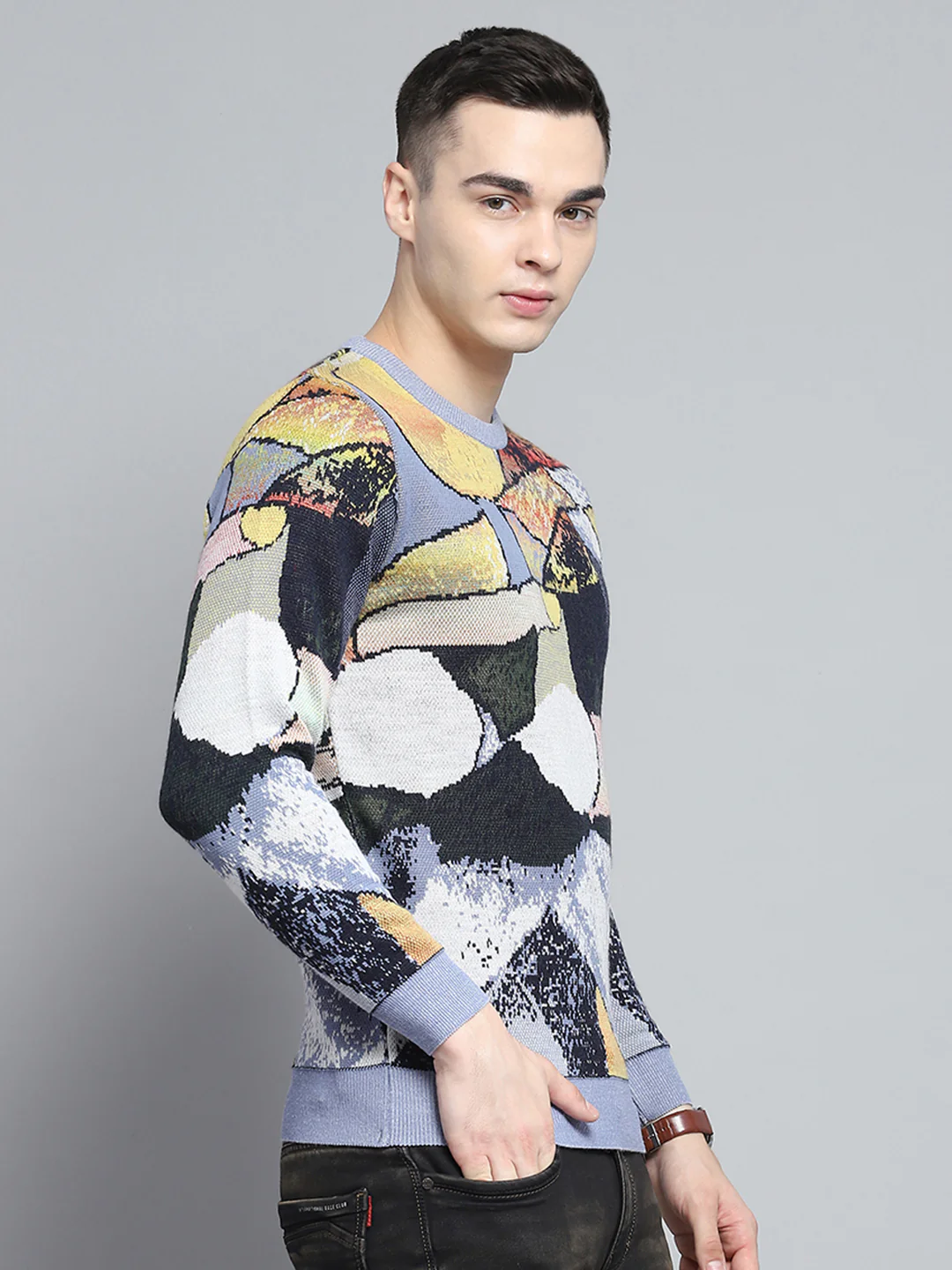 Men Sky Blue Self Design Round Neck Full Sleeve Pullover - Image 4