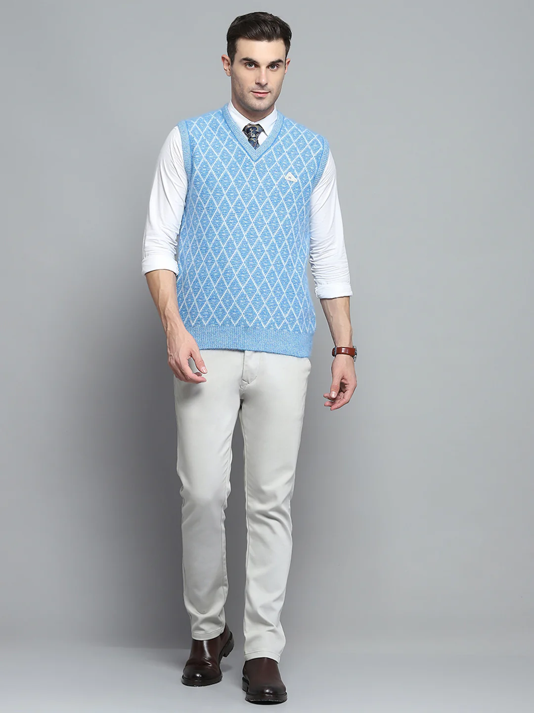 Men Sky Blue Self Design V Neck Sleeveless Sweater - Image 2