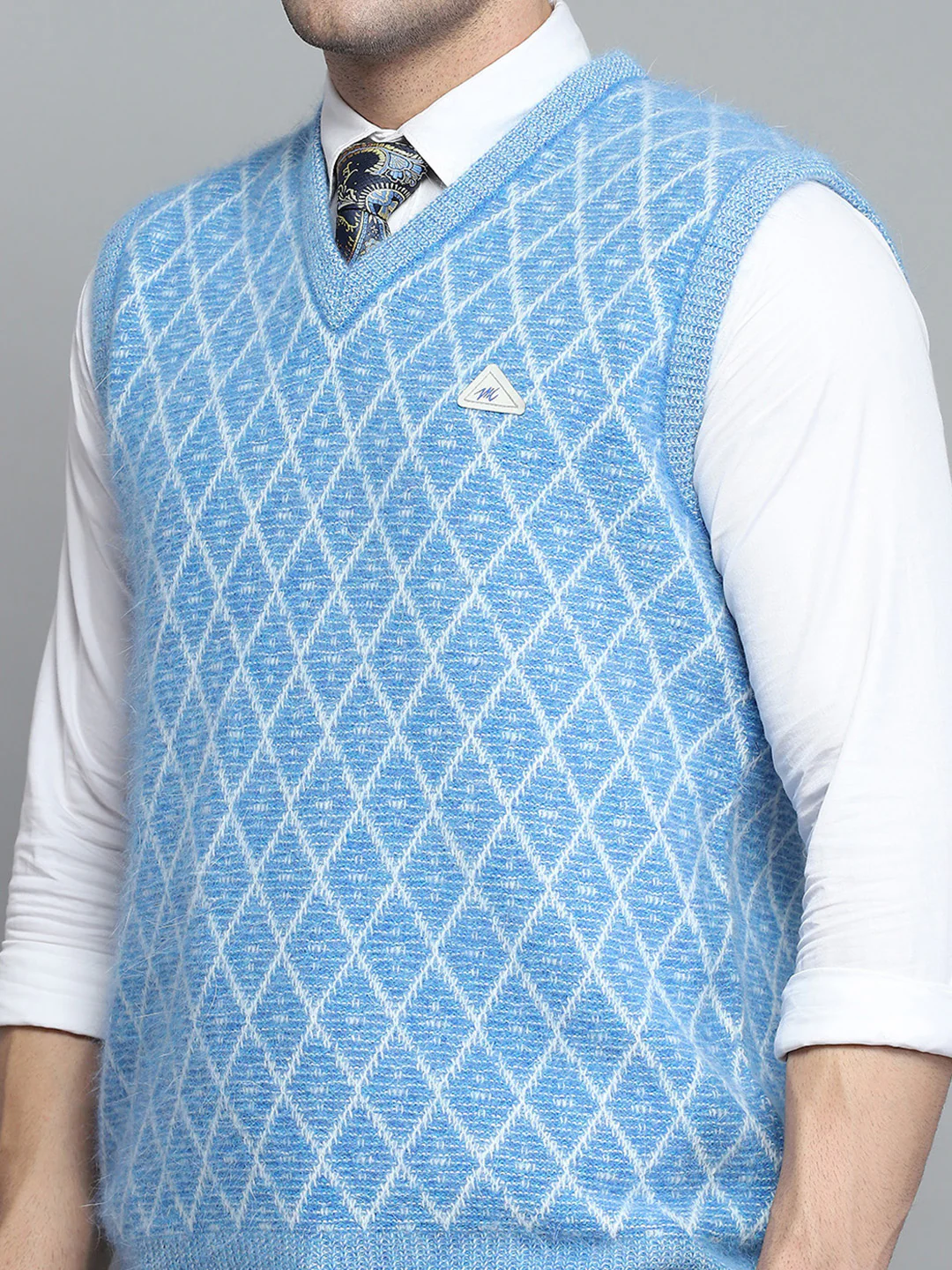 Men Sky Blue Self Design V Neck Sleeveless Sweater - Image 6
