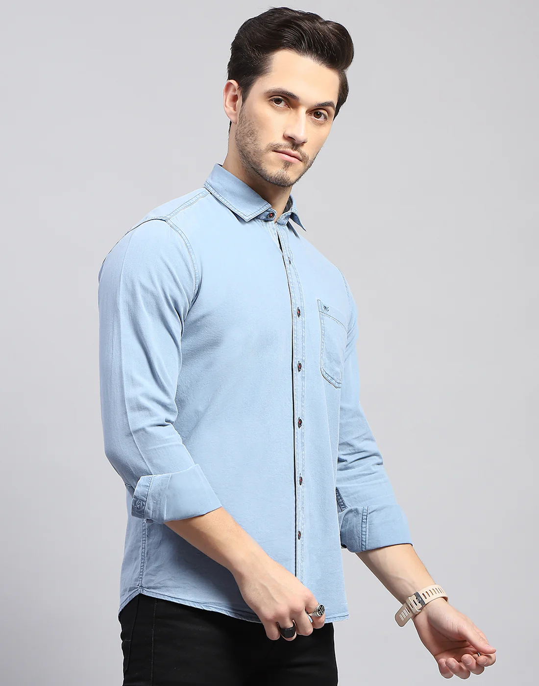Men Sky Blue Solid Collar Full Sleeve Shirt - Image 4