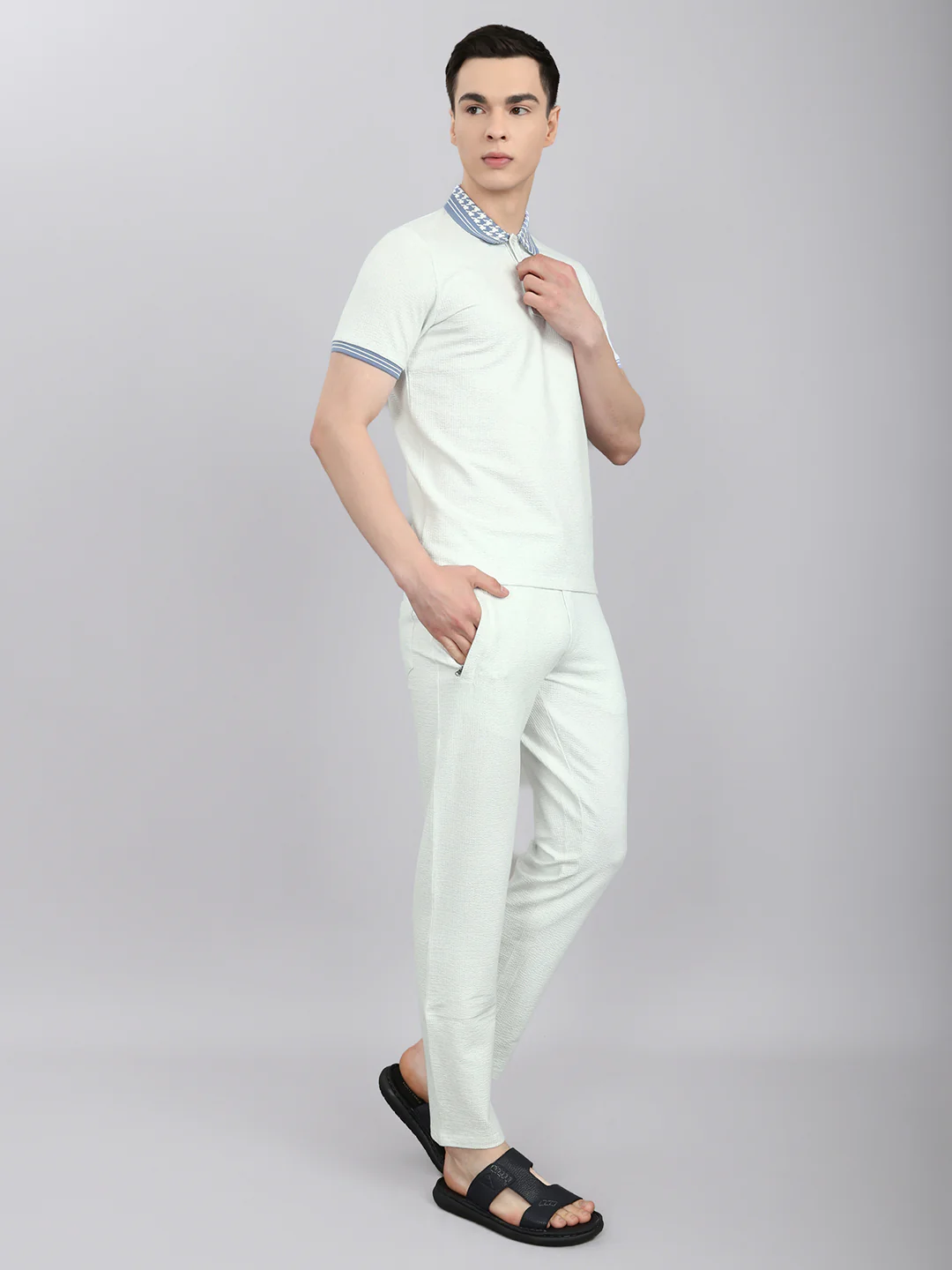 Men Sky Blue Solid Collar Half Sleeve Lower Set - Image 3