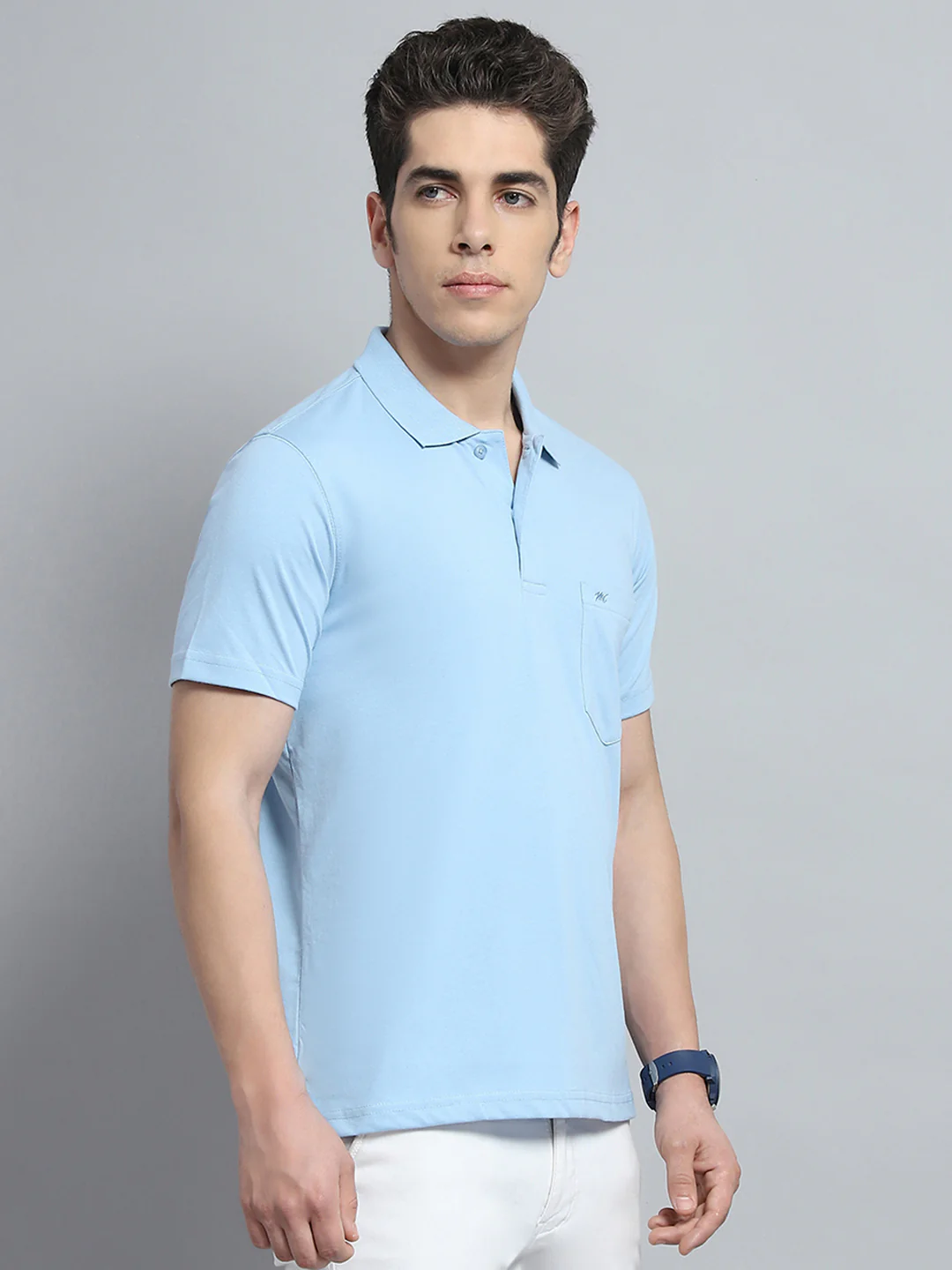 Men Sky Blue Solid Collar Half Sleeve T-Shirt - Image 4