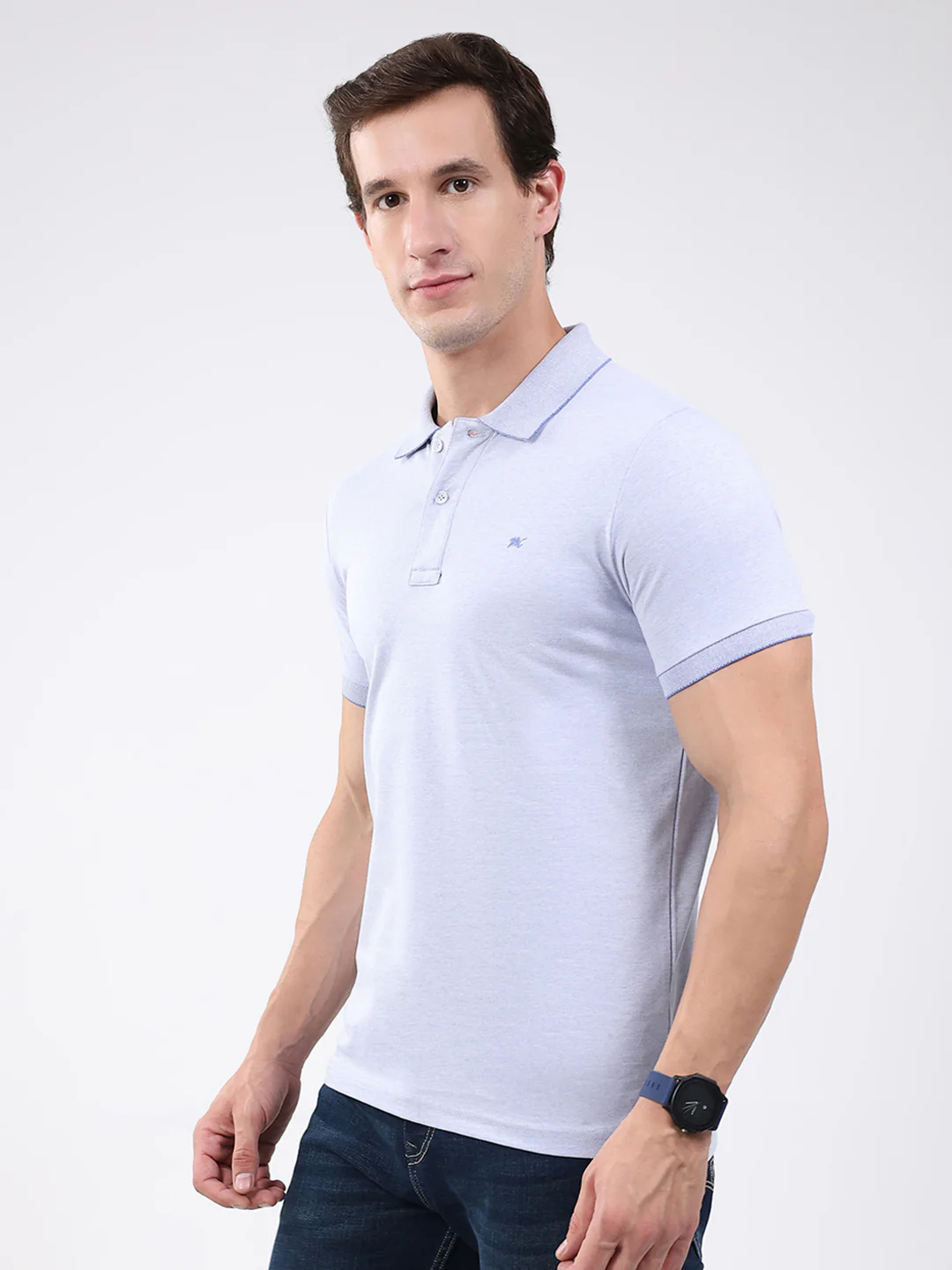 Men Sky Blue Solid Collar Half Sleeve T-Shirt - Image 3