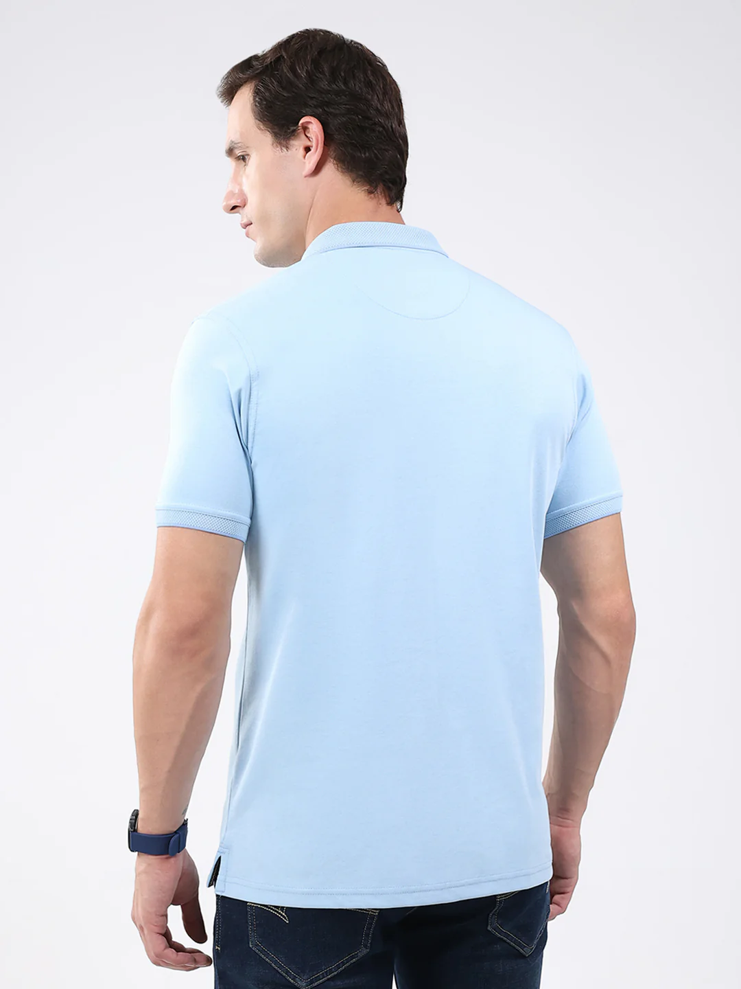 Men Sky Blue Solid Collar Half Sleeve T-Shirt - Image 5