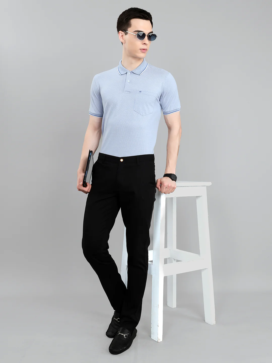 Men Sky Blue Solid Collar Half Sleeve T-Shirt - Image 6