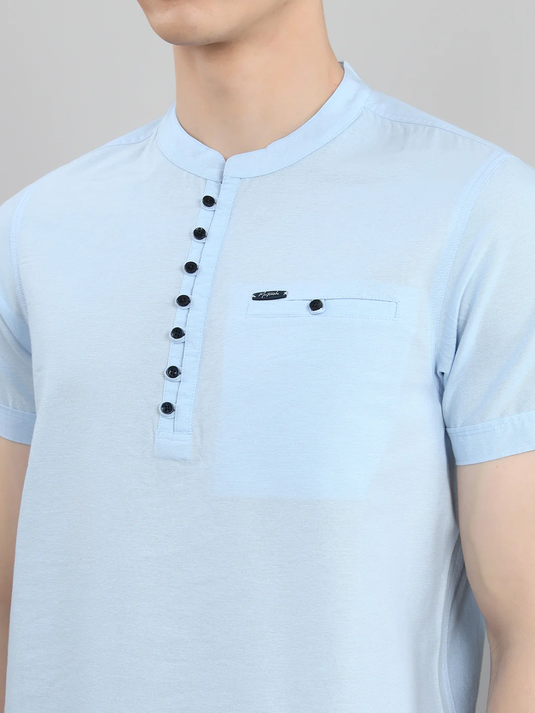 Men Sky Blue Solid Henley Neck Half Sleeve Kurta - Image 4