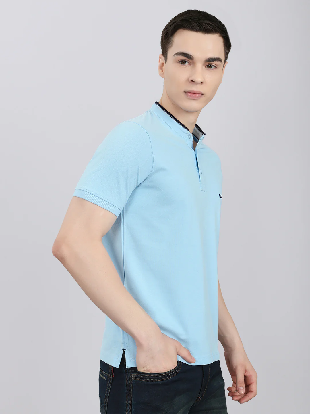 Men Sky Blue Solid Henley Neck Half Sleeve T-Shirt - Image 3