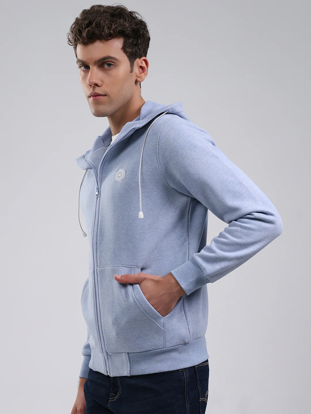Men Sky Blue Solid Hooded Full Sleeve Sweatshirt - Image 3