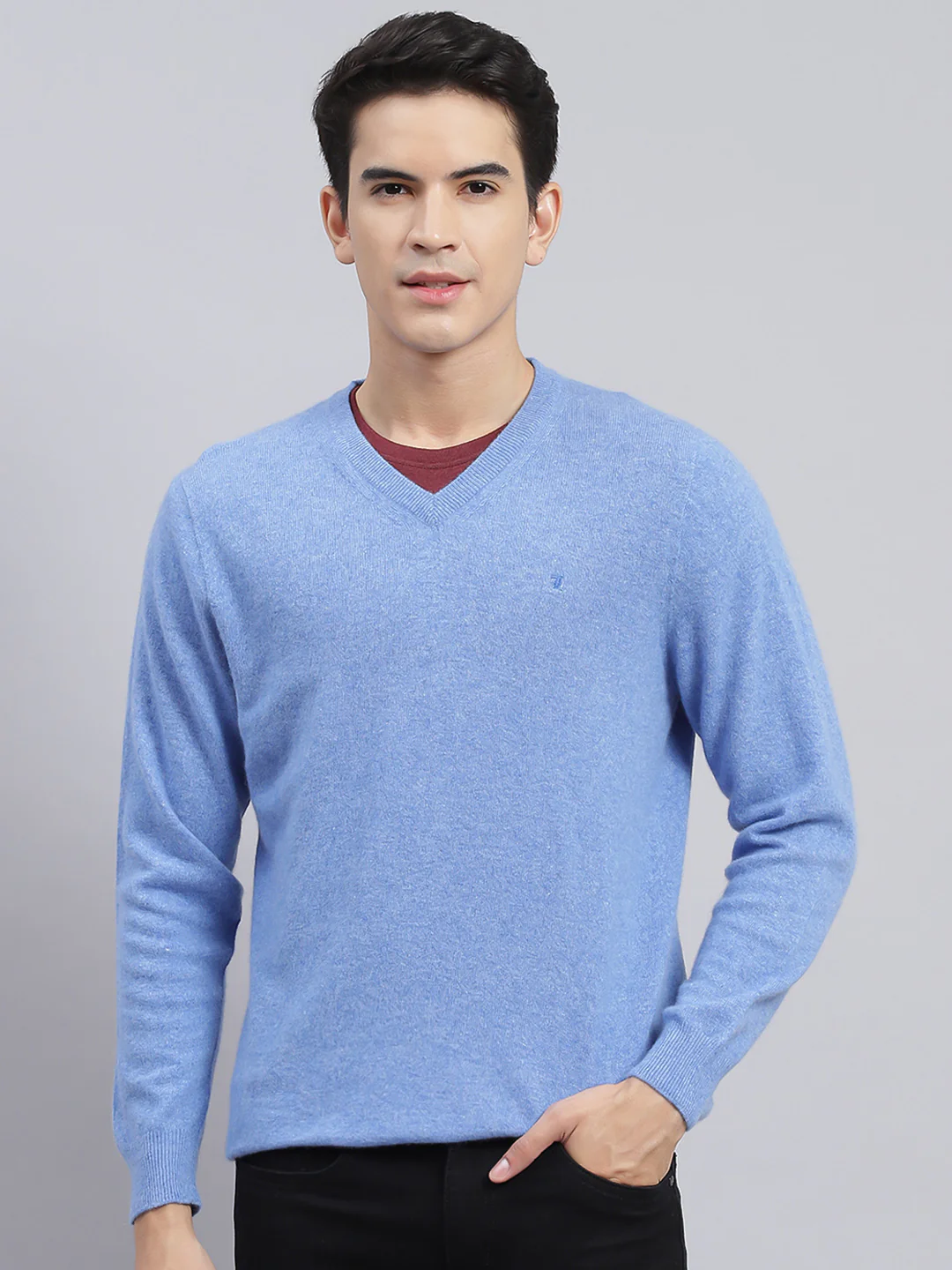 Men Sky Blue Solid Lamb wool Pullover - Image 2