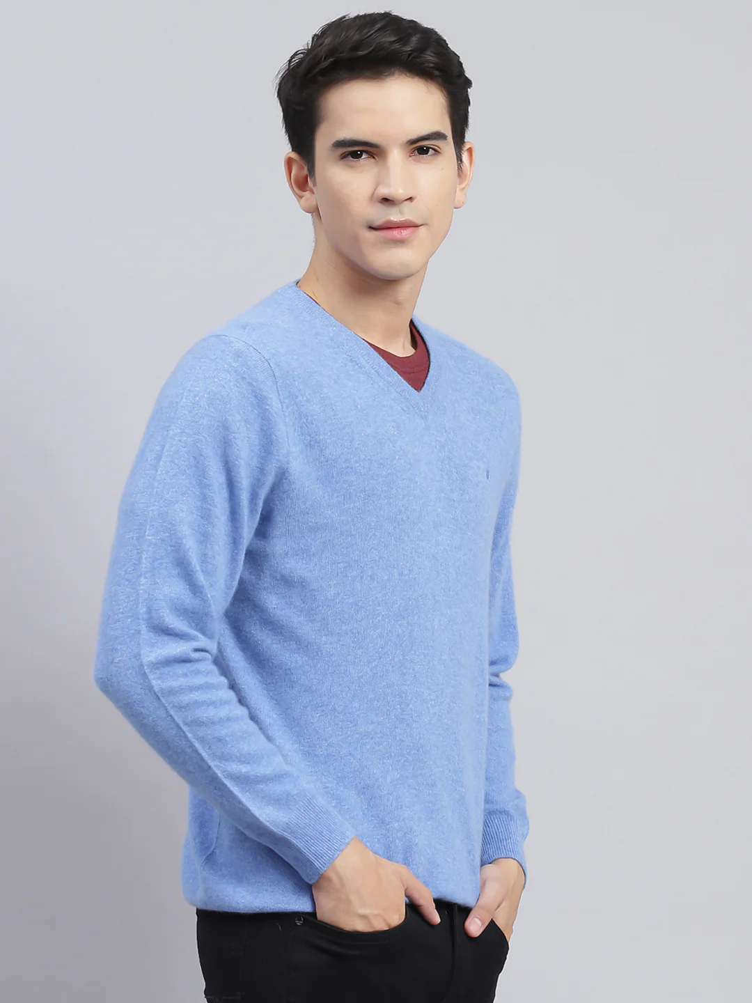 Men Sky Blue Solid Lamb wool Pullover - Image 3