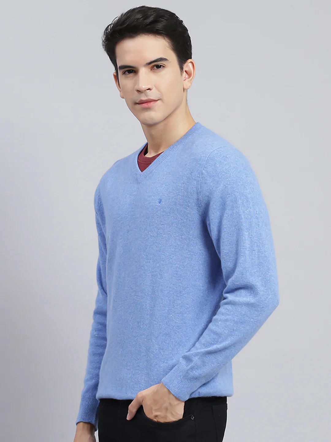 Men Sky Blue Solid Lamb wool Pullover - Image 4