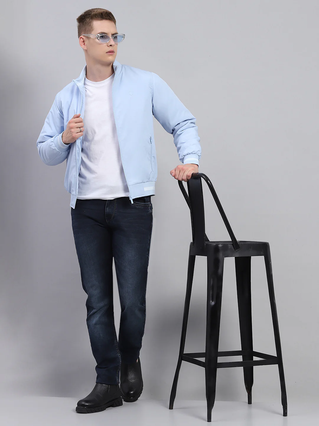 Men Sky Blue Solid Mock Neck Full Sleeve Jacket - Image 2
