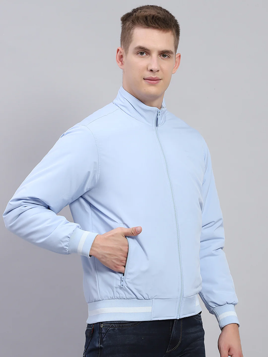 Men Sky Blue Solid Mock Neck Full Sleeve Jacket - Image 4