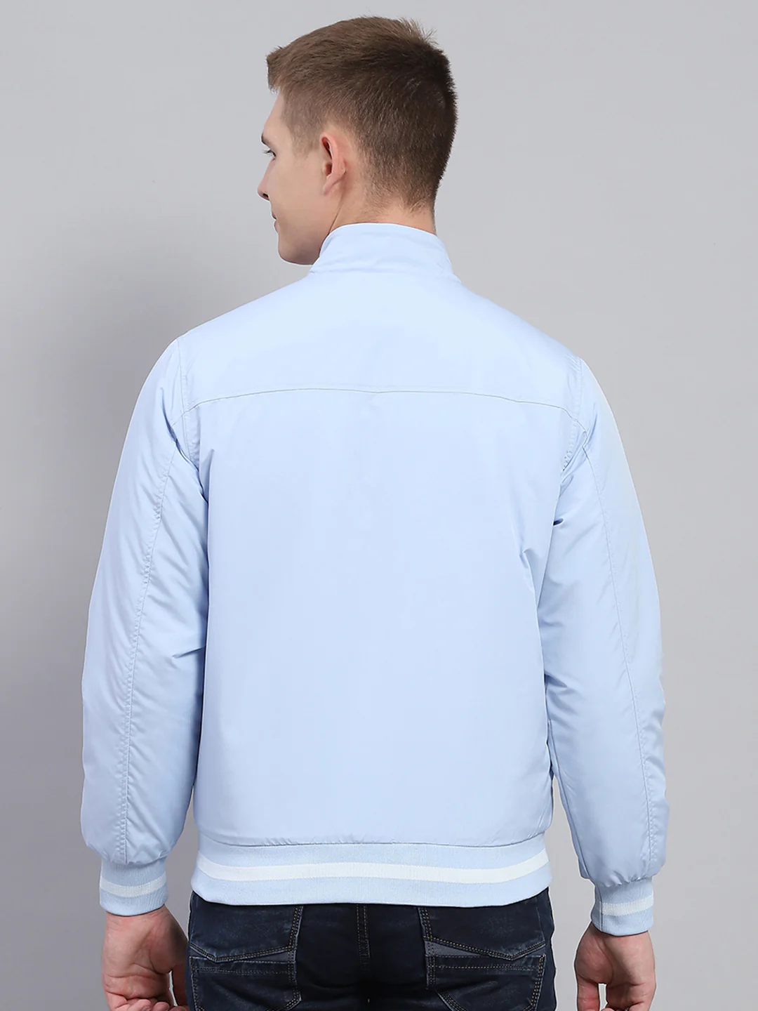 Men Sky Blue Solid Mock Neck Full Sleeve Jacket - Image 5