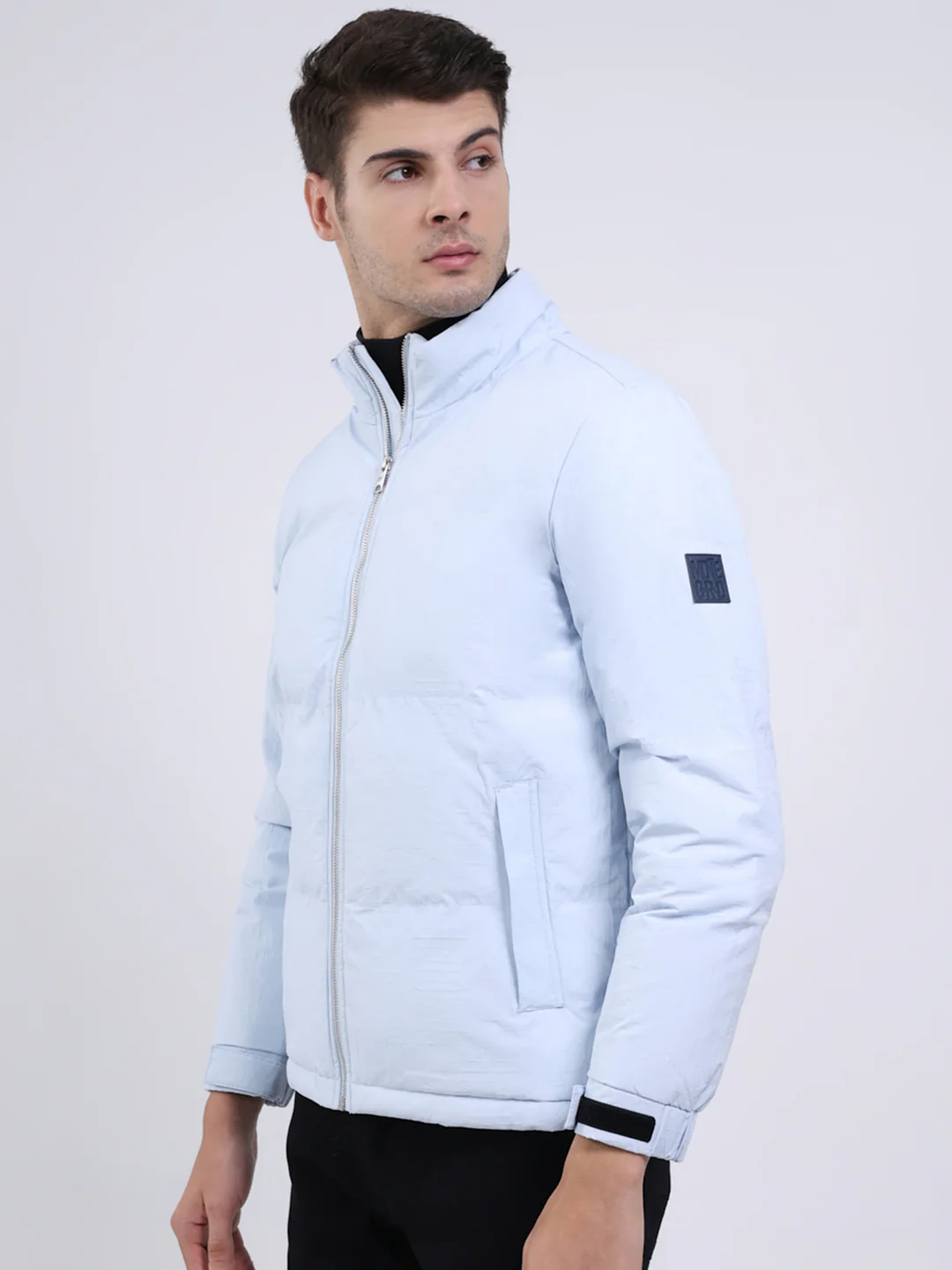 Men Sky Blue Solid Mock Neck Full Sleeve Jacket - Image 3