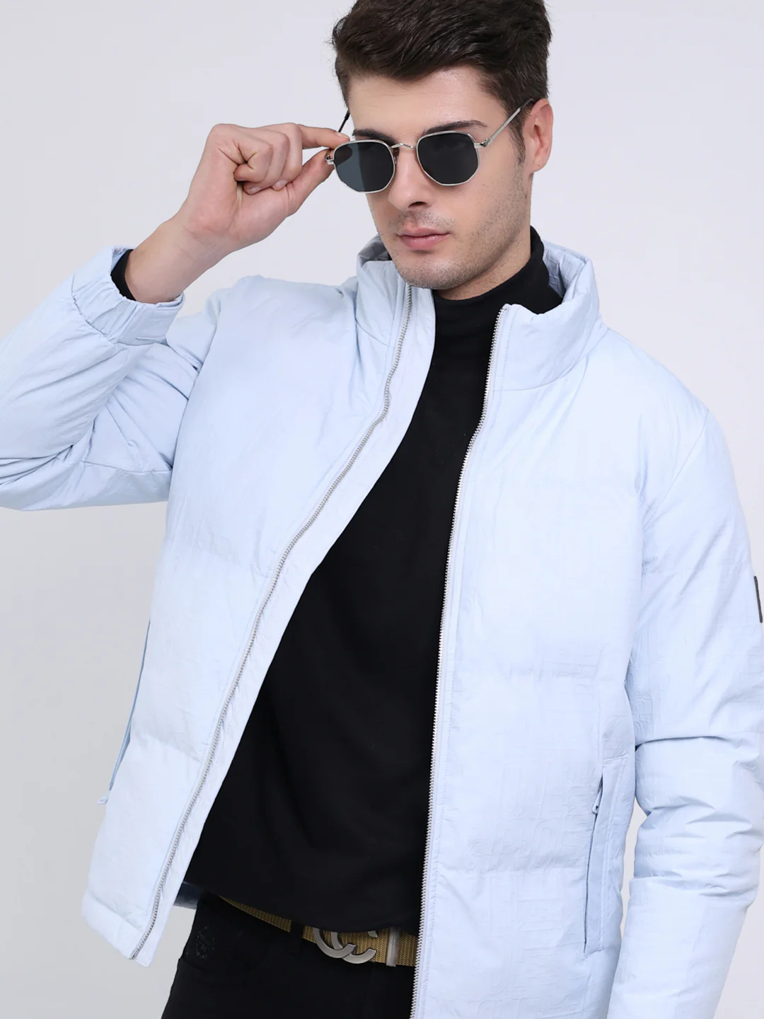 Men Sky Blue Solid Mock Neck Full Sleeve Jacket - Image 6