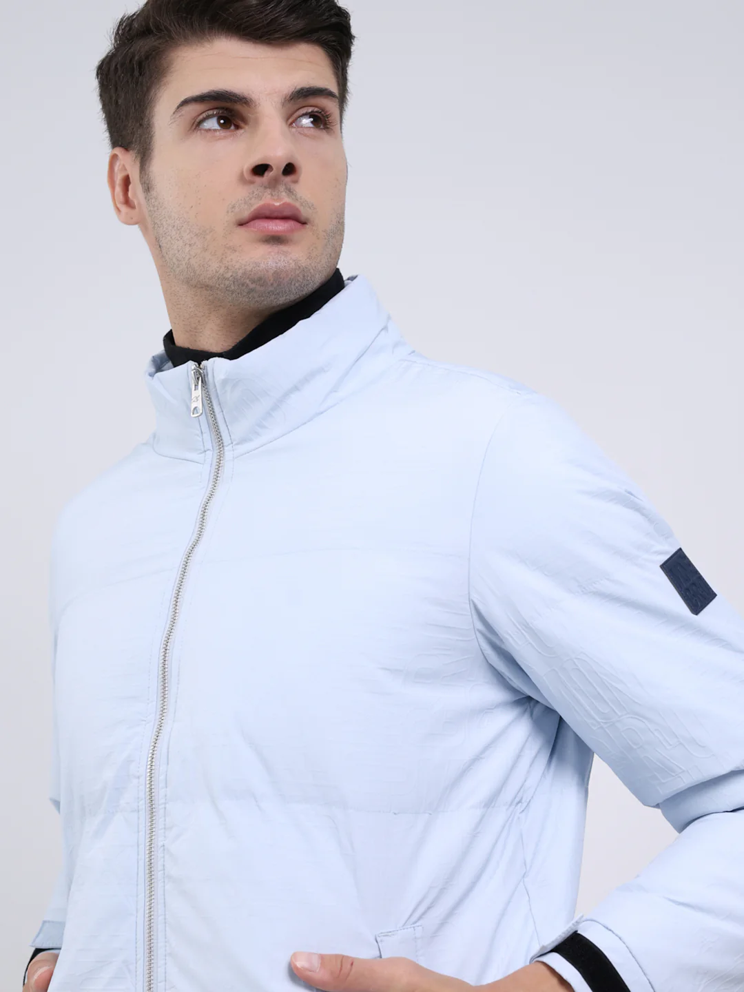 Men Sky Blue Solid Mock Neck Full Sleeve Jacket - Image 7