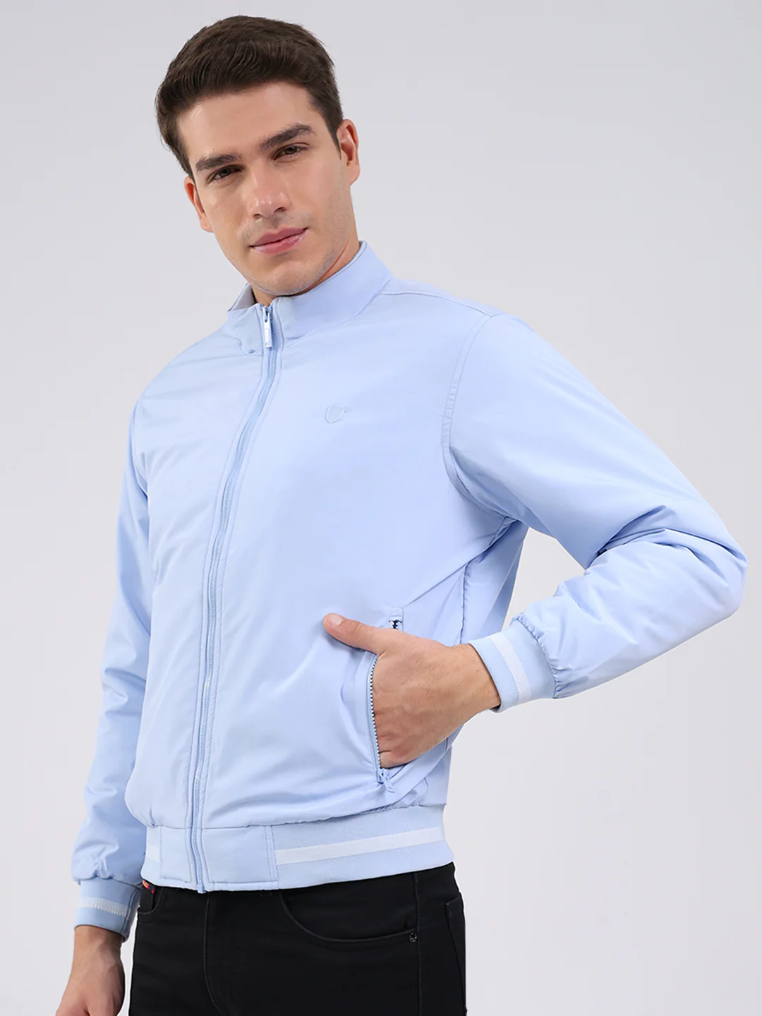 Men Sky Blue Solid Mock Neck Full Sleeve Jacket - Image 3