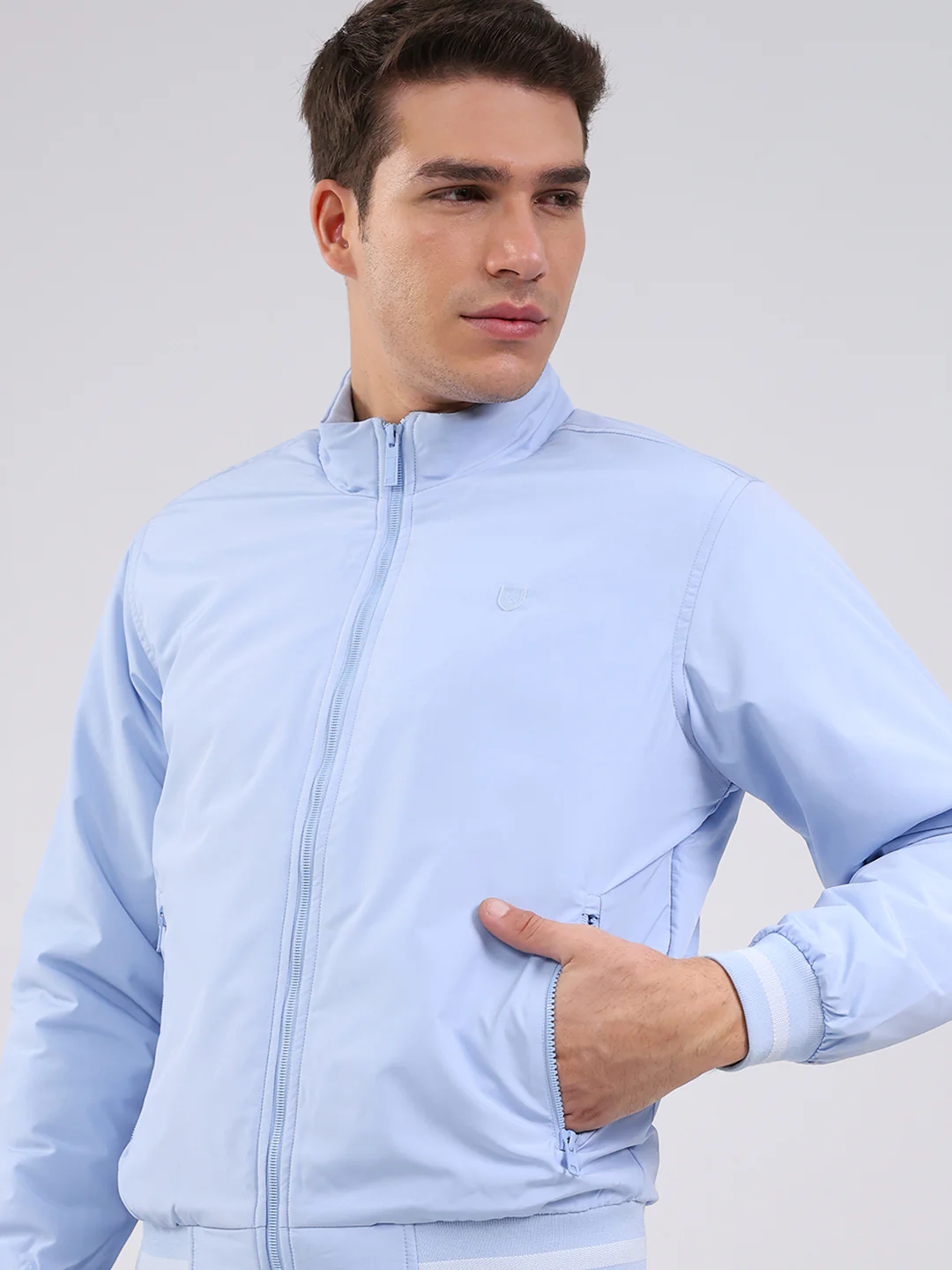 Men Sky Blue Solid Mock Neck Full Sleeve Jacket - Image 6