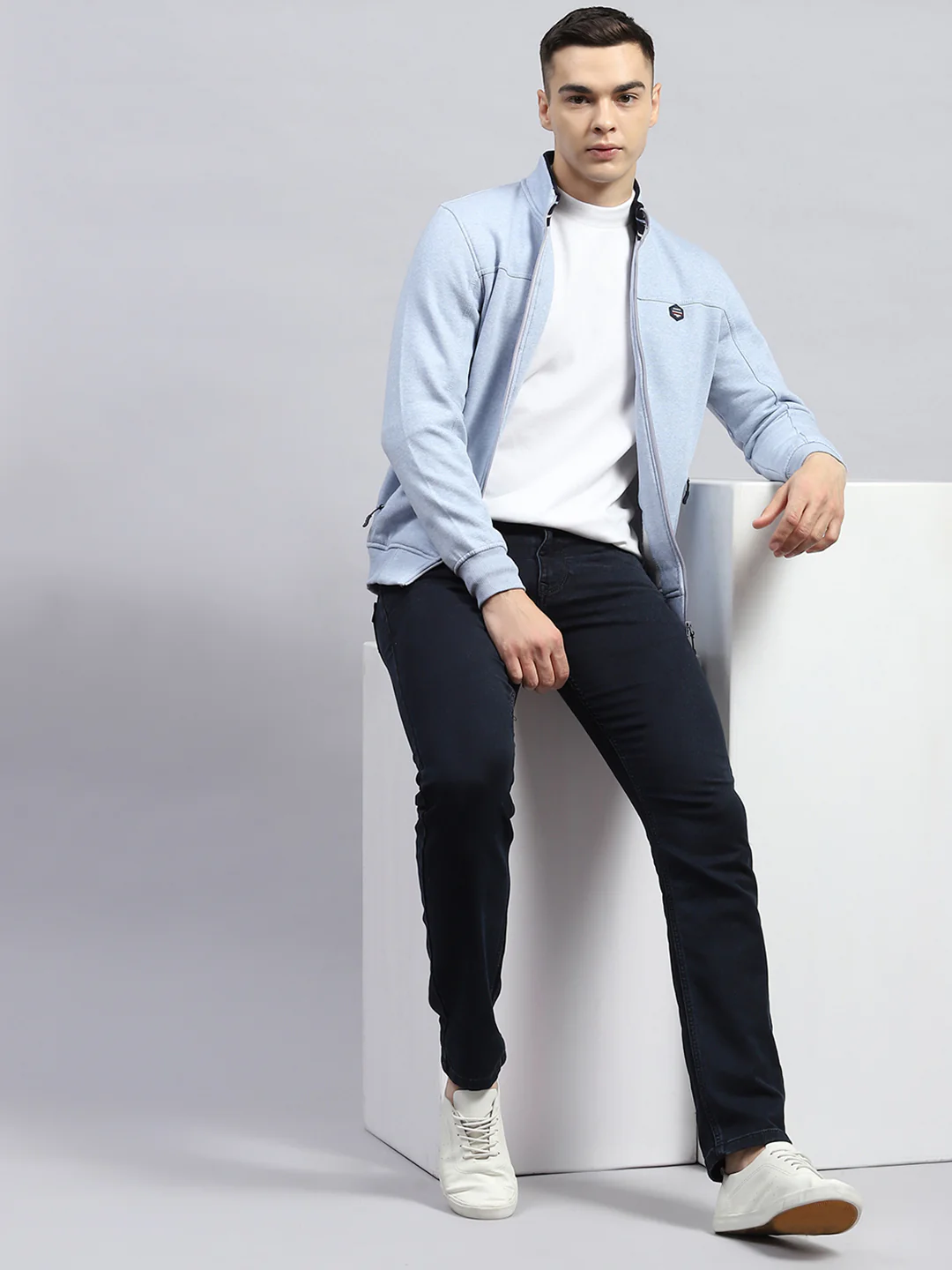 Men Sky Blue Solid Mock Neck Full Sleeve Sweatshirt - Image 2