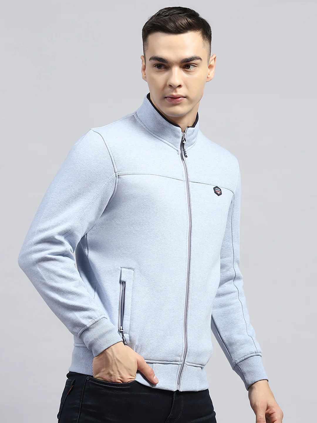 Men Sky Blue Solid Mock Neck Full Sleeve Sweatshirt - Image 4