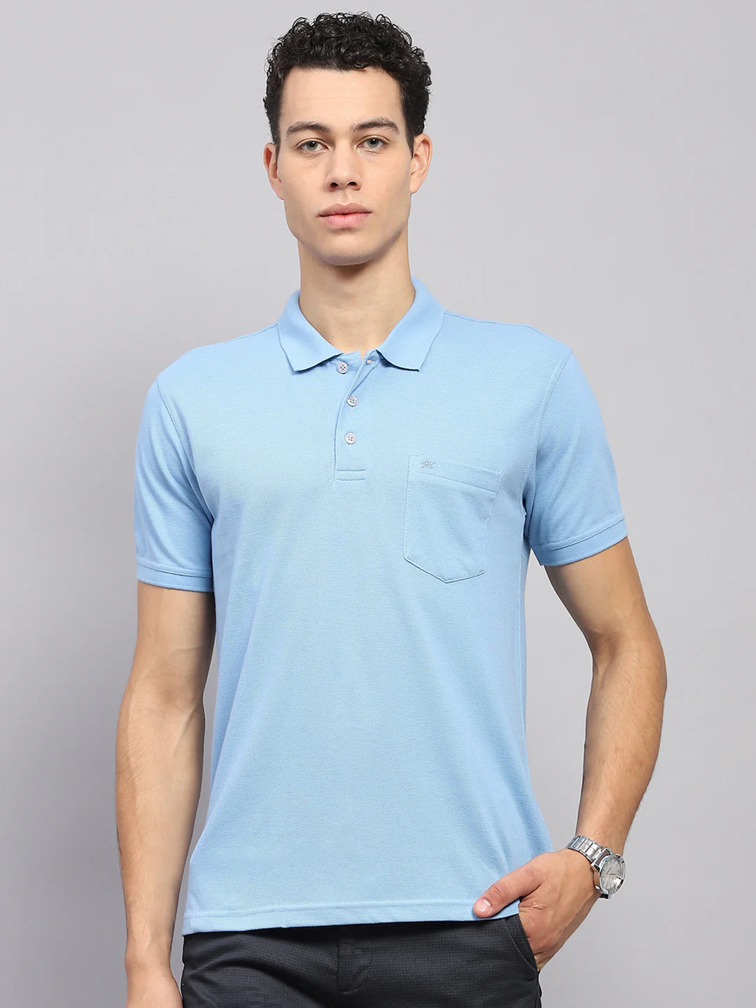 Men Sky Blue Solid Polo Collar Half Sleeve T-Shirt - Image 2
