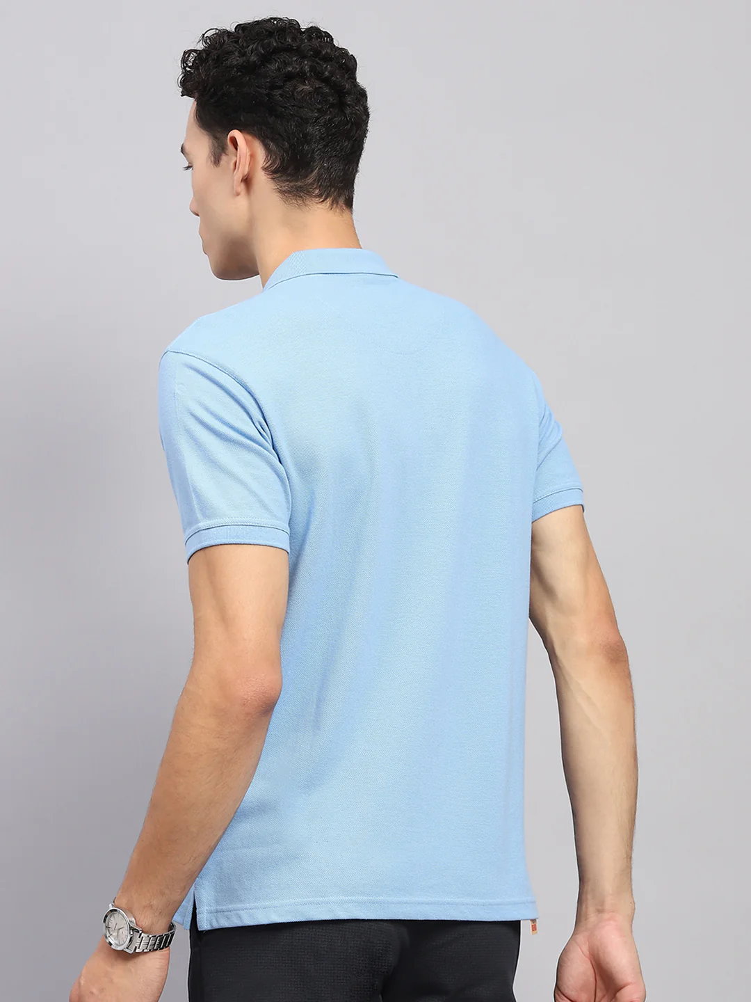 Men Sky Blue Solid Polo Collar Half Sleeve T-Shirt - Image 5