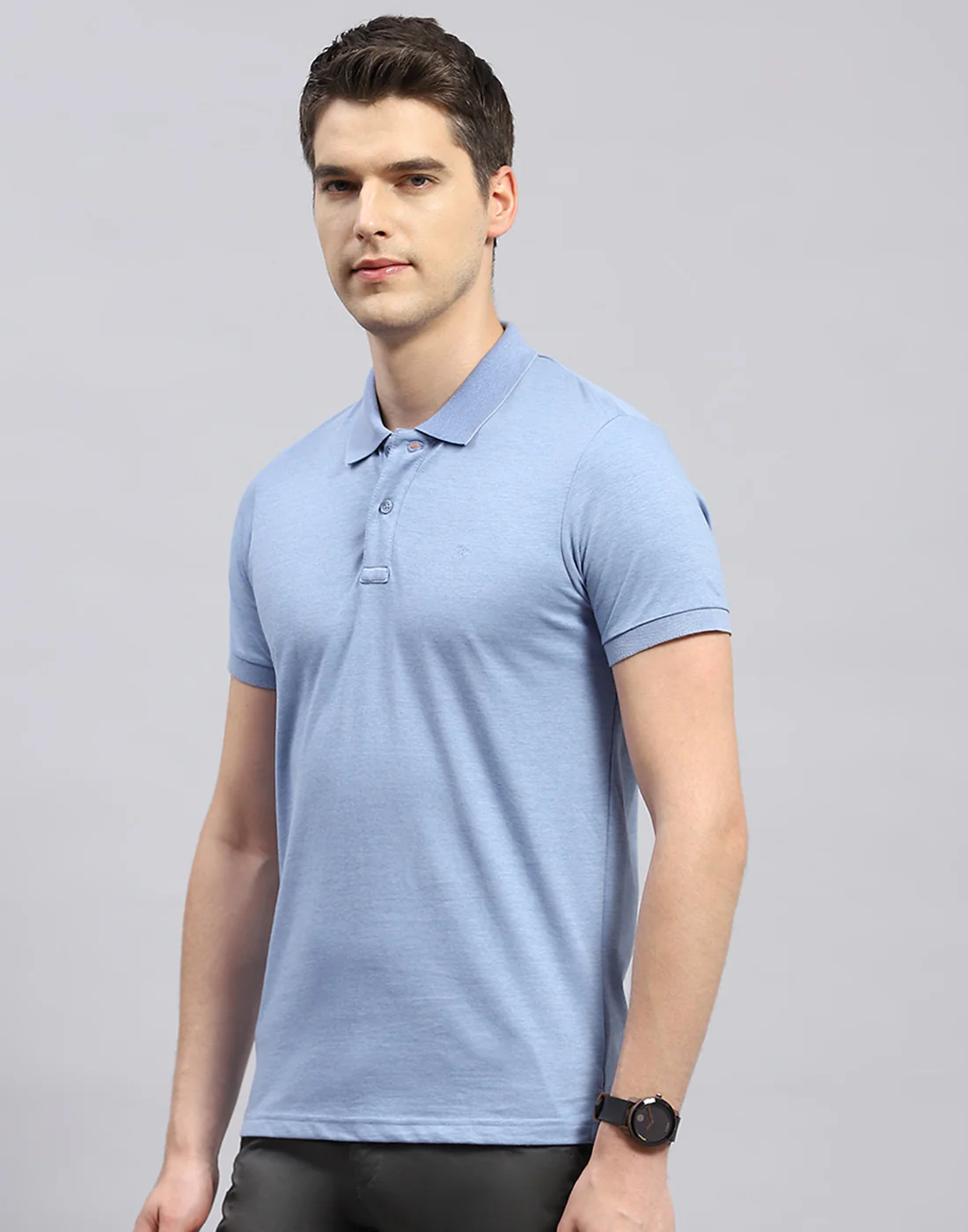 Men Sky Blue Solid Polo Collar Half Sleeve T-Shirt - Image 3