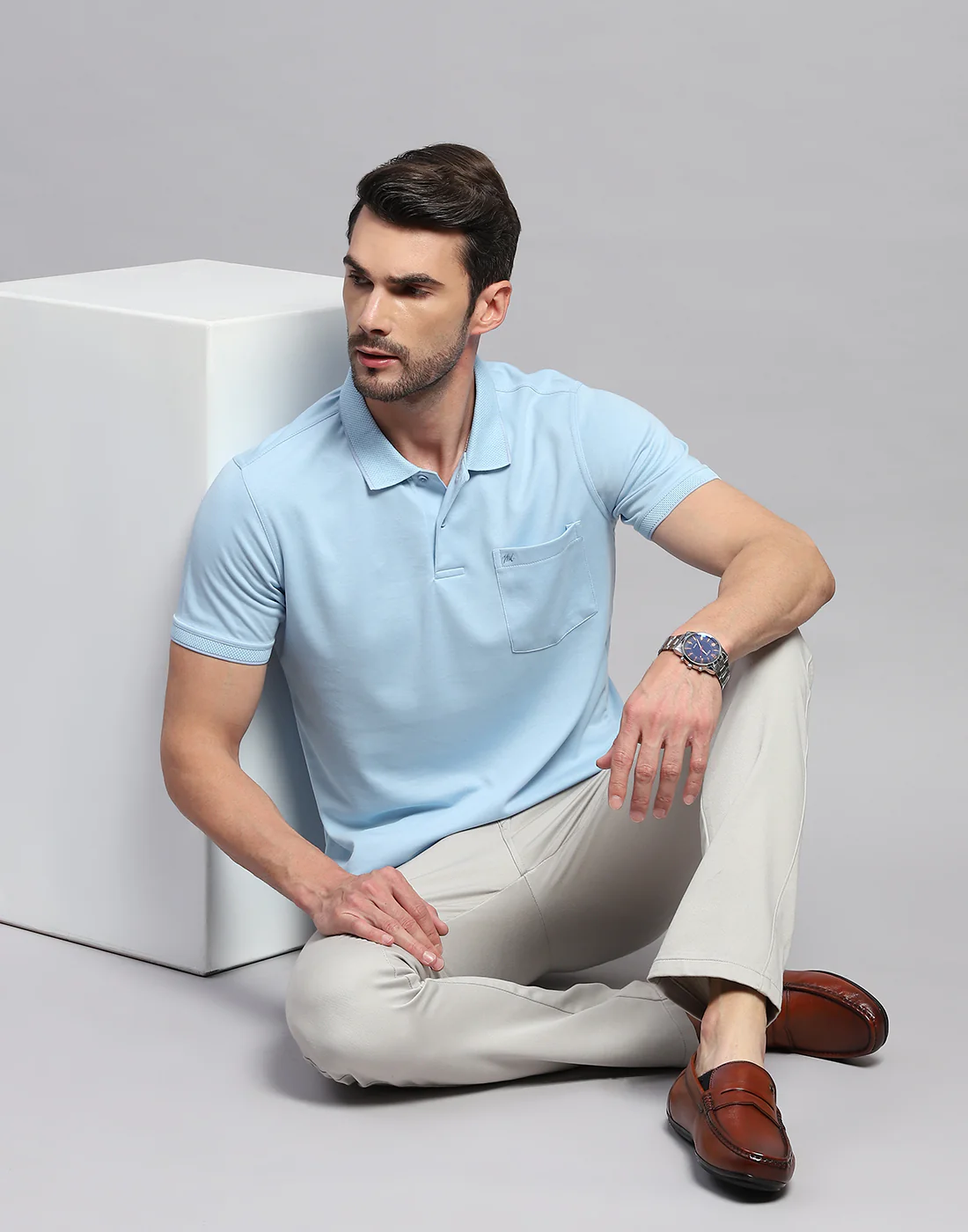 Men Sky Blue Solid Polo Collar Half Sleeve T-Shirt - Image 2