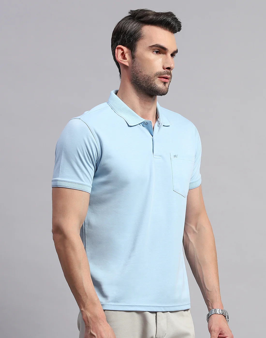 Men Sky Blue Solid Polo Collar Half Sleeve T-Shirt - Image 3