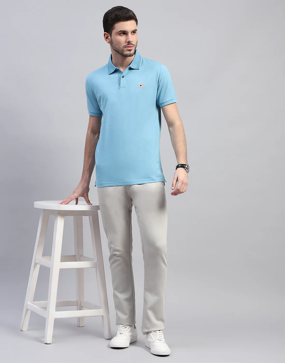 Men Sky Blue Solid Polo Collar Half Sleeve T-Shirt - Image 2