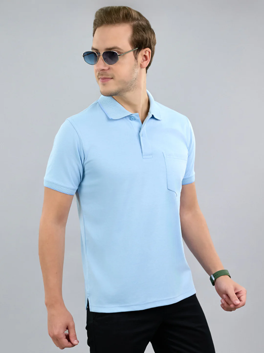 Men Sky Blue Solid Polo Collar Half Sleeve T-Shirt - Image 3