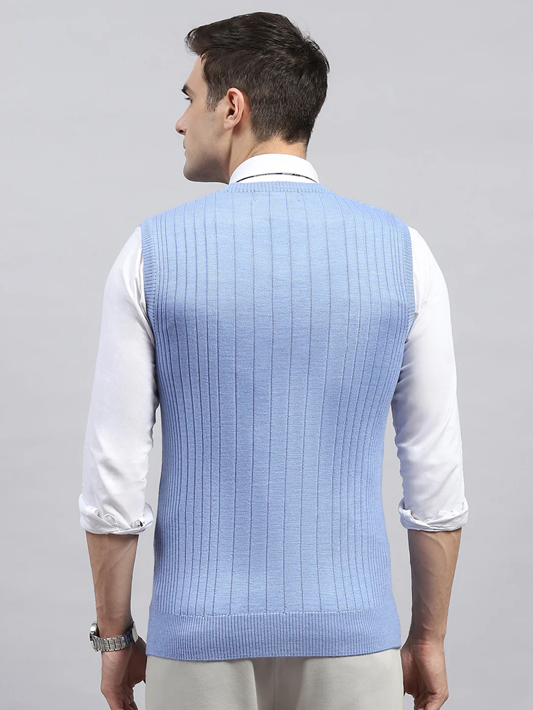 Men Sky Blue Solid V Neck Sleeveless Sweater - Image 5