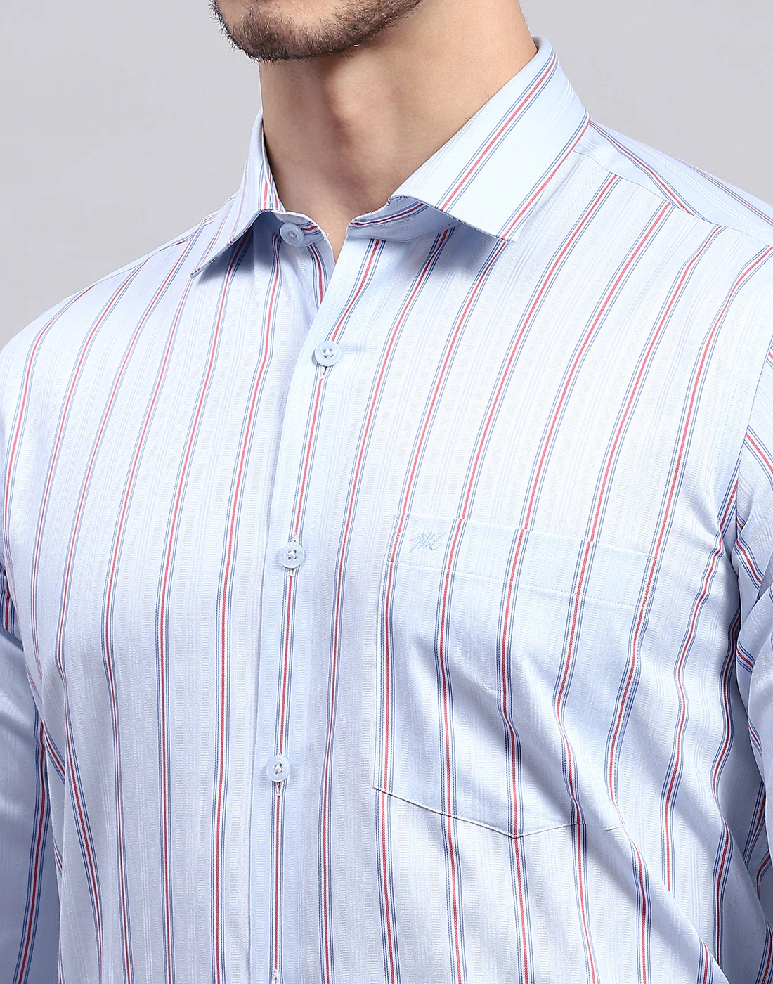 Men Sky Blue Stripe Collar Full Sleeve Shirt - Image 6